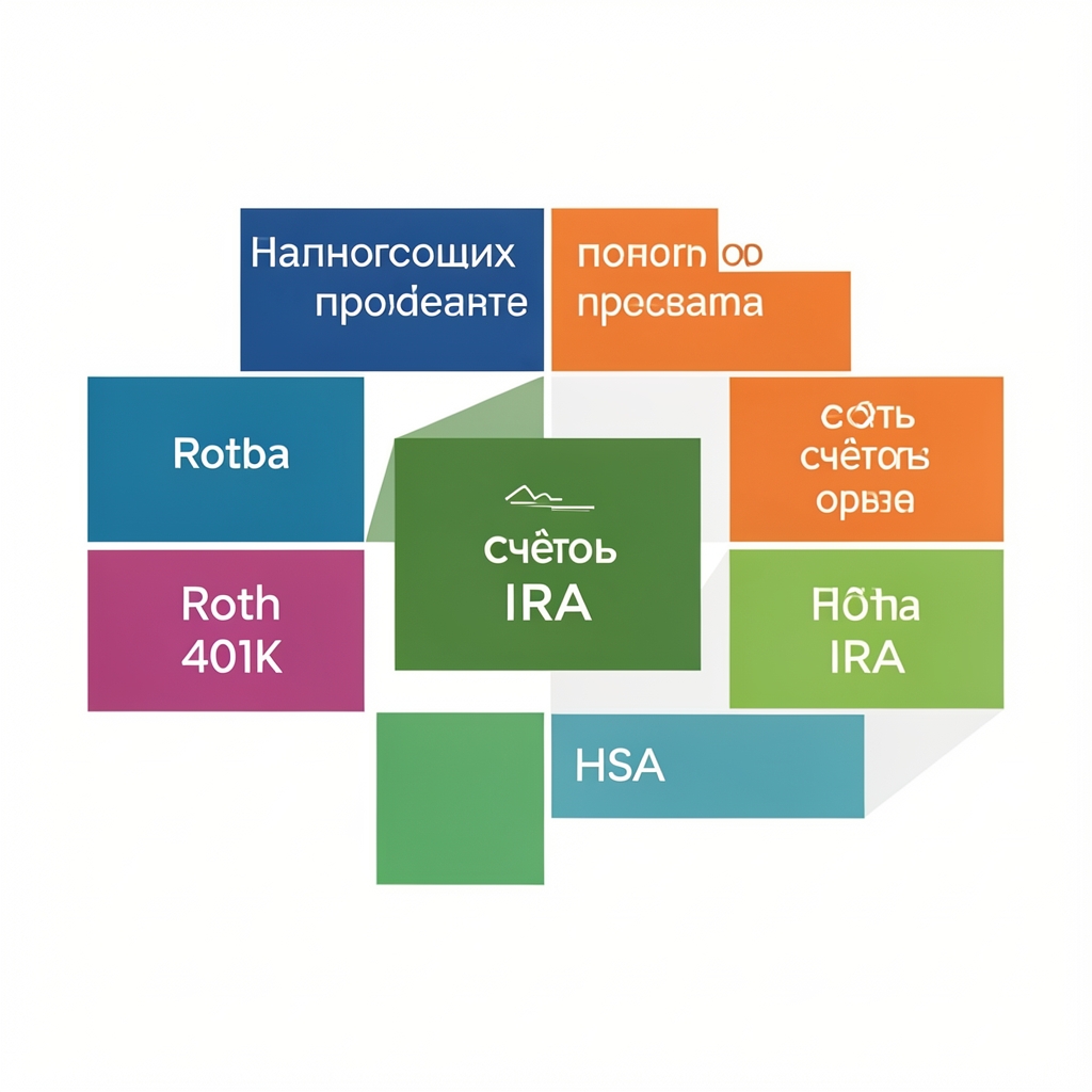 Схема налоговых преимуществ счётов 401k, Roth IRA и HSA с цветными блоками на белом фоне — визуализация стратегий налогового планирования